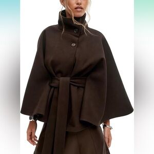 Batwing Sleeve Pea Coat Cape Brown